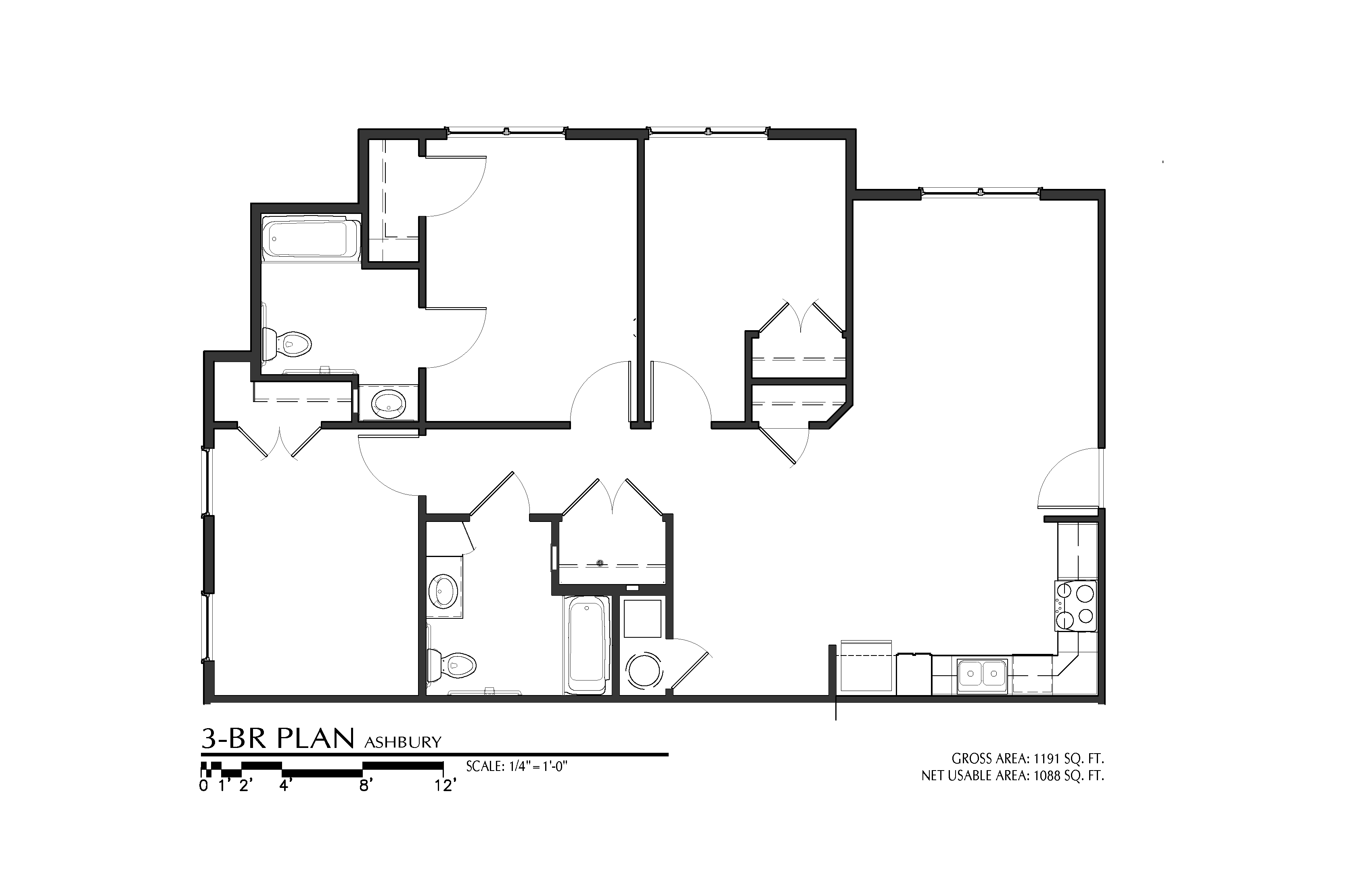 Floor plan for 3 beds, 2 baths, 1088 sqft